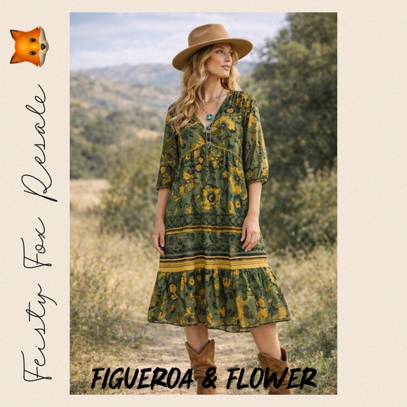 figueroa & flower Dresses & Skirts - NWT Figueroa & Flower Green Floral Boho Midi Dress Size L Cottagecore